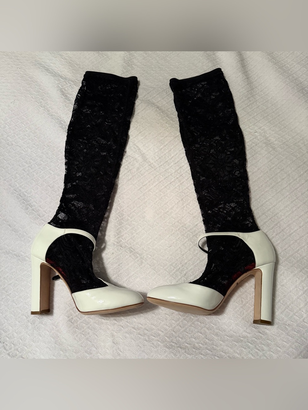Dolce & Gabbana Mary Jane chunky heel layered over sheer knee-high lace socks